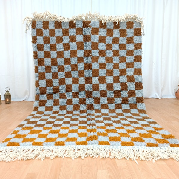 Turquoise checkerboard Rug, Checkered moroccan Rug, Handmade checkered Rug, Checked custom Rug, Turquoise and brown carpet, Kariert teppich