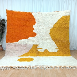 Large moroccan rug, Wool handmade rug, White and orange rug, Abstract custom rug, Area rug for living room, Modern Beni Ourain rug, Teppich