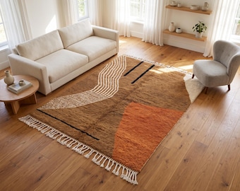 Brown Moroccan Area Rug, Handmade Berber Wool Carpet, Abstract Earthy Boho Decor, Handwoven Beniourain Style, Rug for living room, 8x10
