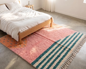 Colorful Wool Moroccan Rug - Berber Boho Area Handwoven Carpet with Dotted and Stripe Pattern - Shag Boujad Rugs for Living Room & Nursery