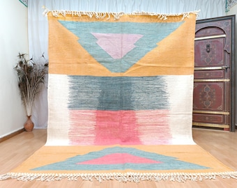 Tappeto artistico Zanafi arancione e colorato tessuto a mano: tappeto personalizzato in lana Kilim a tessitura piatta