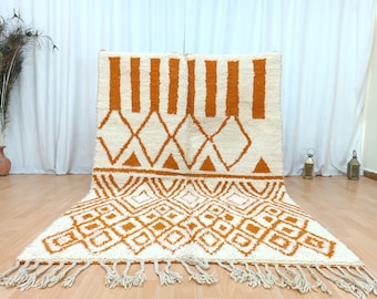 Handmade Beni Ourain Wool Rug, White and Terracotta Berber Geometric Rug