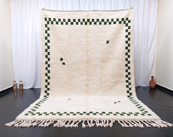 Moroccan Beni Ourain Rug Ivory & Green | Handmade Wool Berber Carpet | Neutral Boho Living Room Area Rug | Custom Size | 6x9