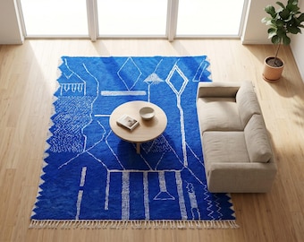 Blue Moroccan Rug – Handmade Berber Abstract Wool Rug, Beni Ourain Style Area Plush Carpet, Bold Tribal Living Room Rug