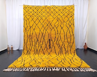 Mustard Handmade Moroccan Rug - Beni Ourain Area Yellow Carpet with Black Lattice Lines - Berber Wool Rug for Eclectic Interior - 9x12