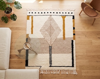 Moroccan Wool Area Rug – Handmade Berber Beni Ourain Carpet, Ivory and Beige Geometric Custom Rug, Modern Minimalist Boho Home Decor, 8x10
