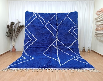 Blue Moroccan Area Rug - Beni Ourain Wool Carpet with Geometric Linework - Handwoven Berber Rug for Bold Boho Interiors - 8x10 - Blue Decor