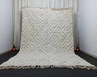 Handmade White Beni Ourain Rug, Wool Moroccan Berber Carpet
