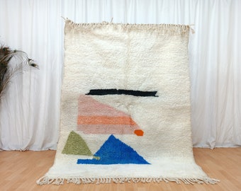 Marokkanischer Wollteppich, Weißer handgemachter Teppich, Weißer und blauer Teppich, Abstrakter Teppich, Moderner Beni Ourain Teppich, Teppich