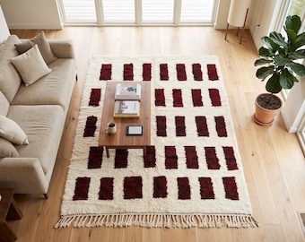 Burgundy Moroccan Wool Rug – Handmade Berber Beni Ourain Carpet, Ivory & deep Burgundy, Custom Area Minimalist Rug, Modern Boho Home Decor