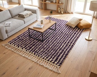 Deep Purple Moroccan Rug – Handmade Berber Wool Rug, Ivory & Dark Purple Beni Ourain Style Area Carpet, Tribal Geometric Pattern, 8x10