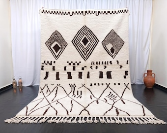 Handmade Wool Moroccan Rug | Off-White & Brown Berber Beni Ourain Carpet | Bold Diamond Area Rug | Thick Pile Boho Rug | Wool Nursery Rugs