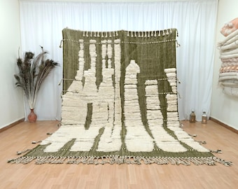 Olive Green Moroccan Rug | Ivory Wool Berber Handmade Carpet | Custom Size Area Rug | Boho Living Room Rug | Hand Tufted Shaggy Carpet
