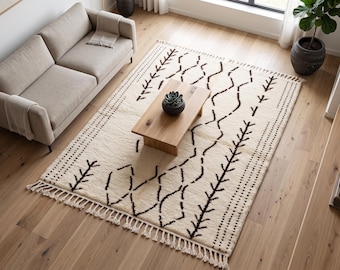 Minimalist Beni Ourain Rug – Handmade Moroccan Wool Rug, Off White Ivory & Espresso Brown, Modern Berber Nursery Rug, Large Living Room Rugs