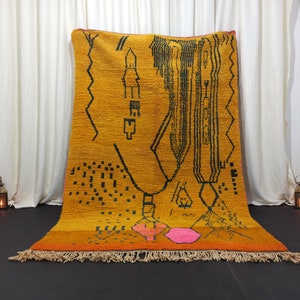 Künstlerischer marokkanischer Teppich, Boho Senf Teppich, Berber Gelber Teppich, Wolle Abstrakter Teppich, Handgemachter Teppich