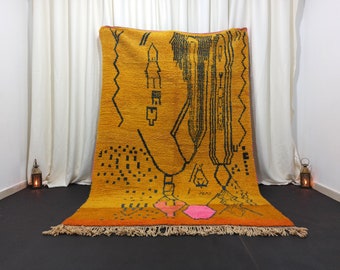 Alfombra artística marroquí, alfombra hecha a mano de la zona, alfombra boho mostaza, alfombra amarilla bereber, alfombra abstracta de lana, alfombra personalizada hecha a mano
