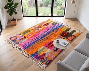 Colorful Moroccan Area Rug - Abstract Berber Wool Carpet - Handmade Tribal Boujad Rug - Multicolor Boho Nursery Decor - Plush High Pile Shag