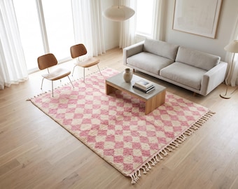 Handmade Moroccan Wool Rug with Pink Geometric Pattern – Modern Boho Style – Unique Artisan Home Decor Accent - Wool Rugs - Berber Carpet