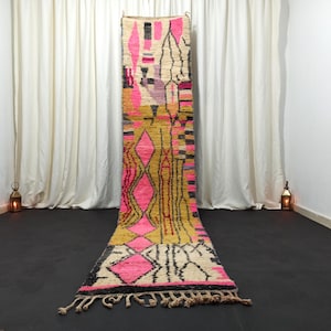 Berber Bunt Flur Läufer, Handgemachter Wolle Azilal Pink Gelb Tribal Muster Langer Schmaler Eingangsbereich Teppich, Einzigartiger Boho Teppich
