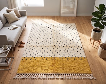 Mustard & Ivory Moroccan Wool Rug, Handmade Berber Carpet, Dotted Modern Rug, Cream Beni Ourain Shag Rug for Living Room - 100% Wool Carpet