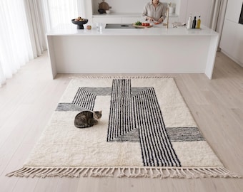 Moroccan Wool Beni Ourain Rug - Handmade Berber Area Carpet, White and Black Geometric Linear Pattern, Modern Boho Rug for Living Room, 8x10