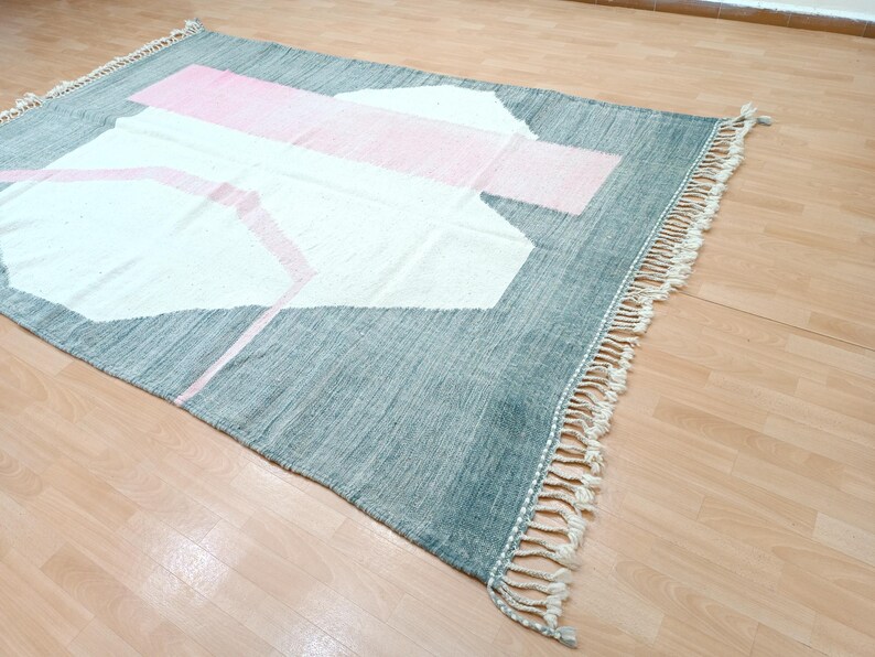 Gray Area Rug, Flatweave Custom Rug, Moroccan Handmade Rug, White and