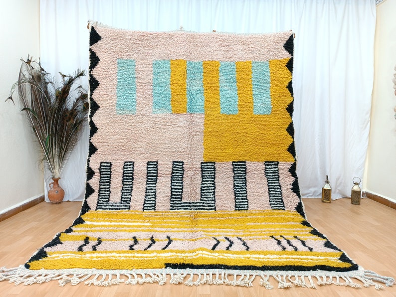 Area Handmade rug, Morrocan rug, Beniourain rug for living room, Handmade Wool rug, Custom moroccan rug, Berber Carpet, Pink and Yellow rug image 1