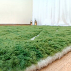 May include: A green shag rug with a white border. The rug is made of soft, fluffy fibers and has a unique, textured surface.