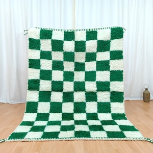 moroccan checkered rug, checkered Moroccan rug, white and green rug, checkered custom rug, green checkered rug, wool and cotton handmade rug
