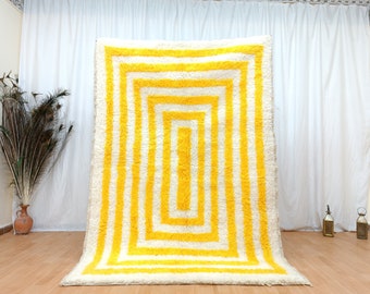 White and Yellow rug, Handmade rug, Area rug for living room, Wool and cotton rug, Moroccan custom rug, Berber rug, Yellow and White carpet