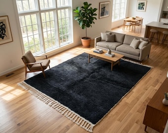 Hand Knotted Black Moroccan Rug, Handmade Beni Ourain Wool Rug, Custom Carpet
