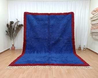 Blue Moroccan Rug – Royal Blue and Deep Red Handknotted Shaggy Area Carpet with Burgundy Border | Custom Size Handmade Berber Wool Rugs