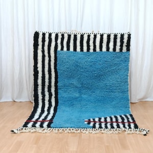 Small Blue rug, 4x5 Area handmade rug, Berber Wool Rug, Moroccan rug for living room carpet, Solid blue rug, Boho decor, Blue and Black rug