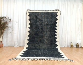 Alfombra marroquí Beni Ourain hecha a mano, tejido plano de lana en blanco y negro