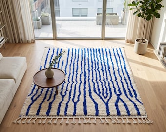 Ivory & Blue Moroccan Wool Rug - Handmade Berber Carpet - Abstract Line Modern Area Rug - Shag Rug for Living Room - Boho Nursery Decor