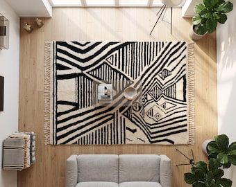 Ivory & Black Wool Berber Rug - Handwoven Moroccan Nursery Rug, Bohemian Area Carpet, Art Deco, Modern Minimalist Abstract Rugs, 8x10