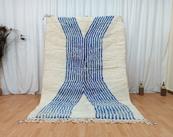 KÜNSTLERISCHER Teppich, Marokkanischer Handgeknüpfter Teppich, Weißer und Blauer Teppich, Abstrakter Teppich, Boho Teppich, Flauschiger Berberteppich, Weißer Teppich