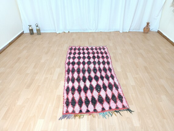 幾何学模様のヴィンテージランナーラグ、3x6 ウールとコットンラグ、黒