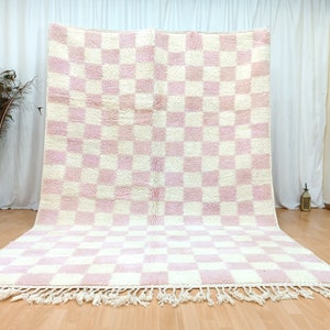 Schachbrett Rosa Teppich, Handgemachter Teppich, Wollteppich, Weiß und Rosa Teppich, Marokkanischer Teppich, Teppich für Wohnzimmer, Handgefertigter Teppich