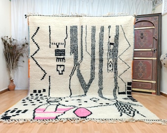 Alfombra marroquí moderna de lana hecha a mano: alfombra bereber con área blanca y negra