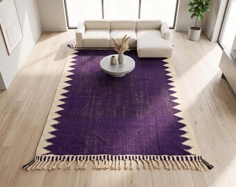Deep Purple Moroccan Area Rug | Bold Ivory Zigzag Border Wool Carpet | Handwoven Flatweave Berber Kilim Nursery Rug | Boho Minimalist Decor