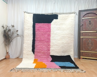 Alfombra moderna anudada a mano / Alfombra contemporánea blanca y colorida para sala de estar