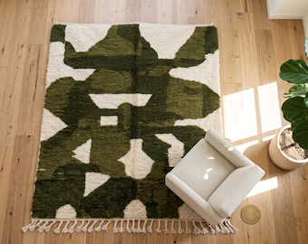 Moroccan Abstract Wool Rug | Ivory Forest & Olive Green Handmade Berber Carpet | Shaggy Rug with Bold Botanical Shape | Custom Size Area Rug