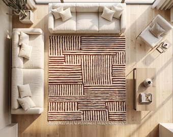 LIVING ROOM RUG - Handwoven Moroccan Berber Wool Rug, Brown Ivory Striped Area Rug, Bohemian Chic Carpet, Custom Nursery rugs, Earthy Modern