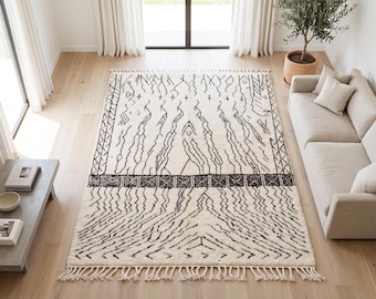 Moroccan Wool Beniourain Rug – Handmade Berber Area Carpet, Ivory & Black Tribal Design, Custom Size Rug, Modern Boho Home Decor, 9x12