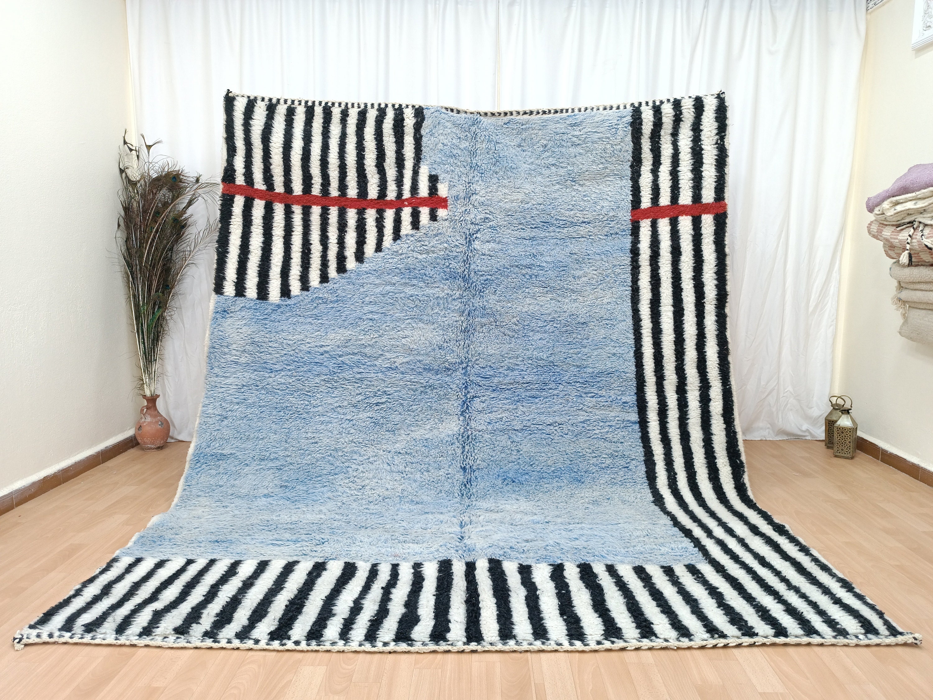 Tappeto marocchino turchese, tappeto personalizzato fatto a mano, tappeto blu per soggiorno, tappeto Beniourain, tappeto berbero marocchino, Handgefertigter Teppich