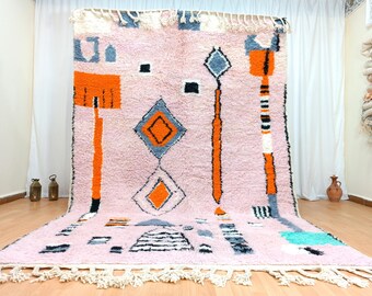 Handmade Wool Moroccan Rug with Blush Pink & Orange – Modern Boho Style – Artisan Home Decor - Wool Rugs - Abstract Berber Pink Carpet