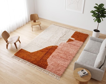 Terracotta and Ivory Moroccan Area Rug, Handmade Berber Wool Carpet, Modern Abstract Boho Decor, Handwoven Beniourain Style