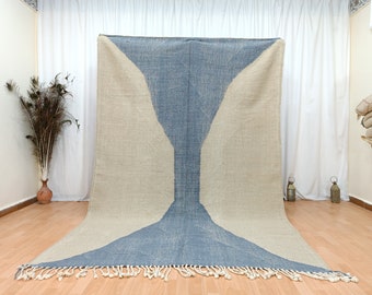 Alfombra marroquí beige y azul, kilim de lana tejido a mano