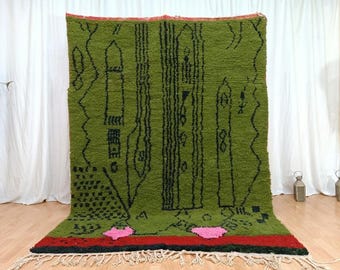 Alfombra abstracta de lana verde oliva, alfombras marroquíes hechas a mano y personalizadas.